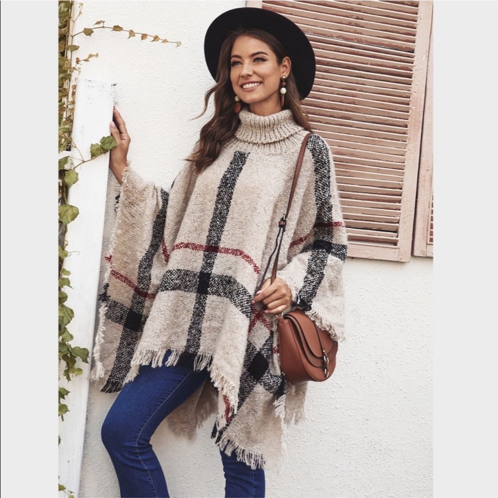 Plaid Beige Turtleneck Poncho - Picture 2 of 5